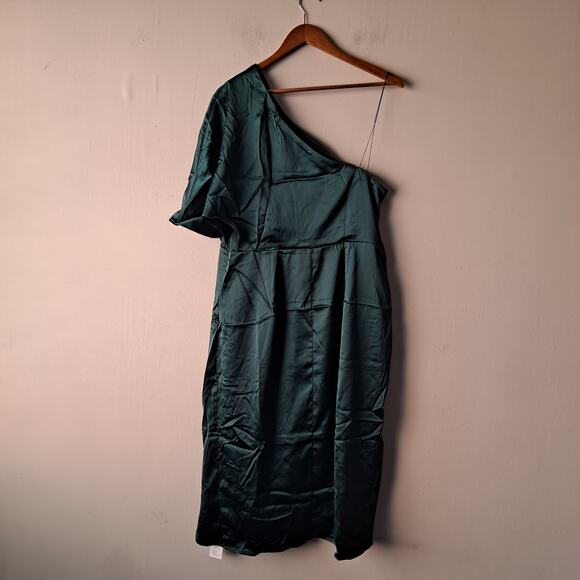 NWT Cupshe Ramla Dress Satin Pleated One Shoulder Sheath Midi Gown Green Size XL - Picture 5 of 13